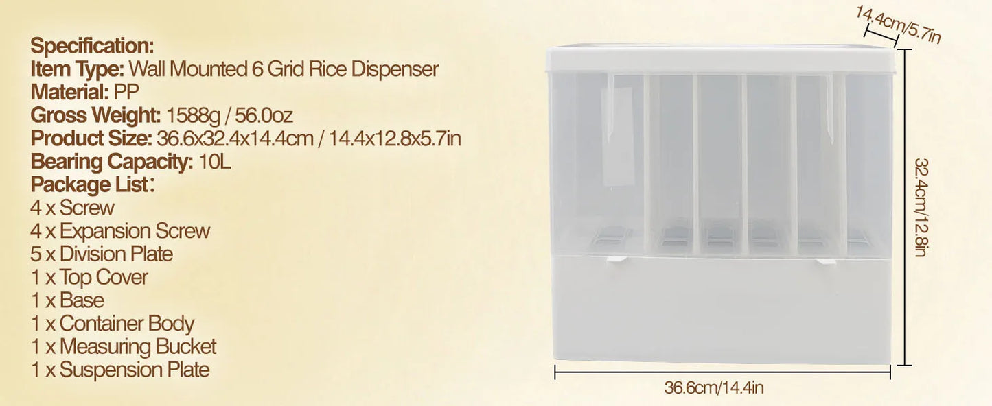 Wall Mounted Cereal Dry Food Dispenser 10L for Kitchen Pantry Organization Containers for Rice Dispenser with Measuring Cup