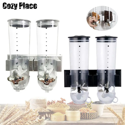 Cereal Dispenser 2Pcs Wall Mount Dry Food Container Storage For Nuts Coffee Beans Kitchen Storage Case Rice Grain Silver/Black