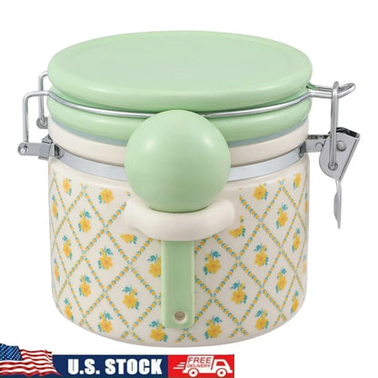 Stoneware Canister with Lid and Ceramic Spoon