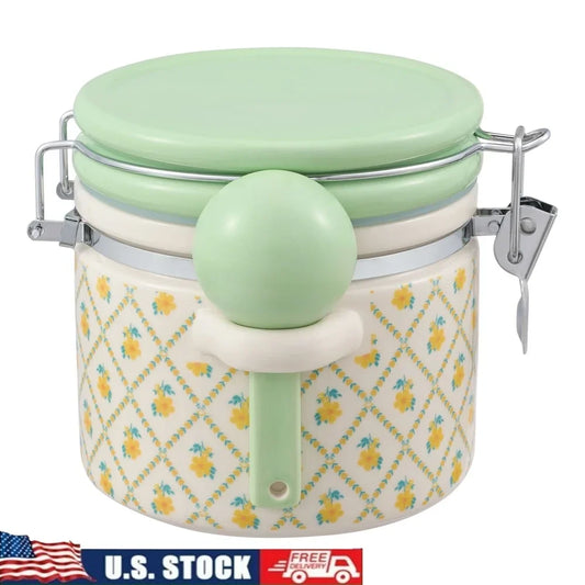 Stoneware Canister with Lid and Ceramic Spoon